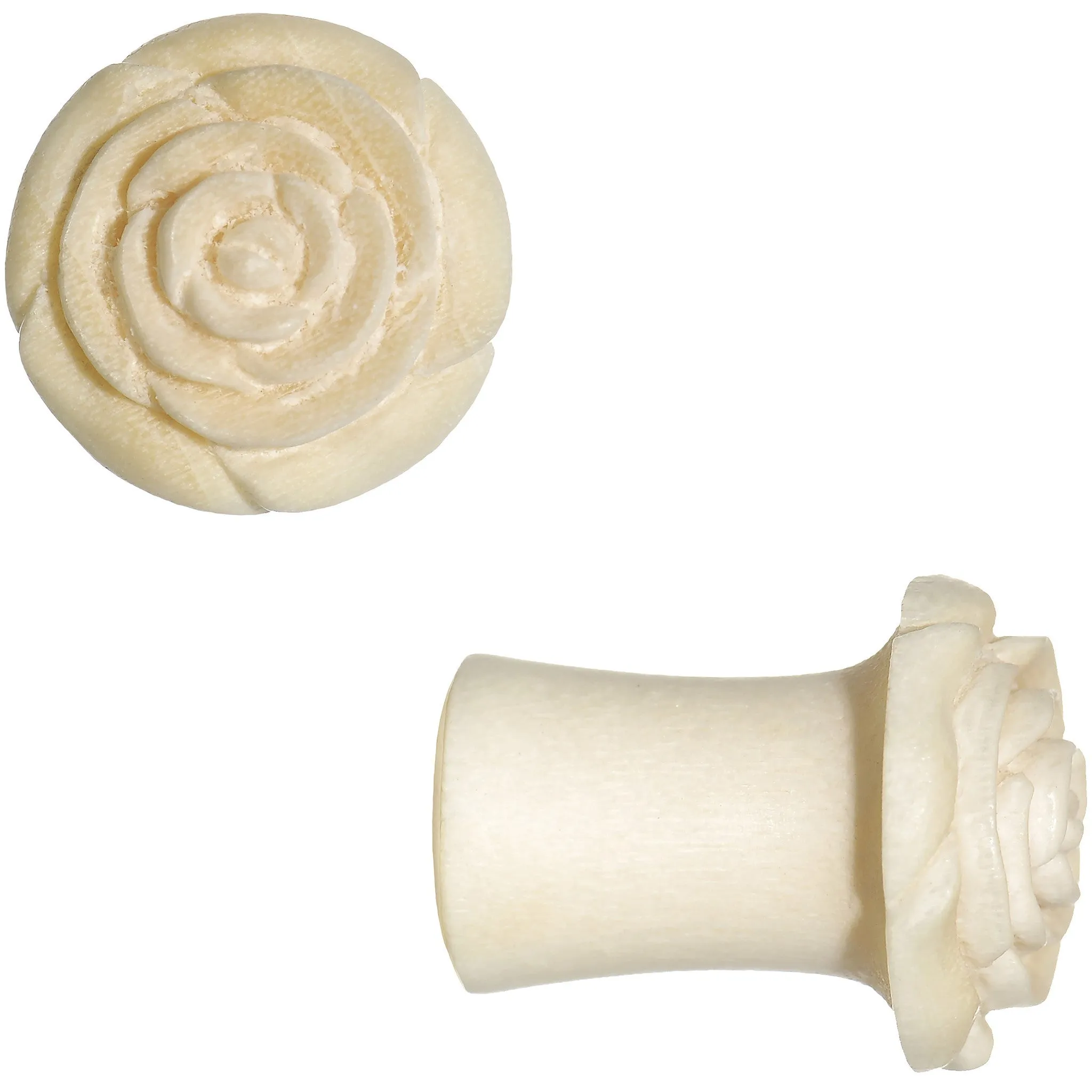 0 Gauge Organic White Crocodile Wood Rose Flower Hand Carved Plug Set