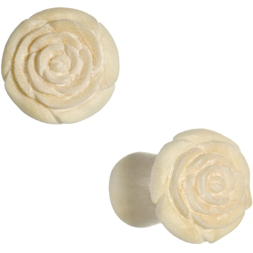 0 Gauge Organic White Crocodile Wood Rose Flower Hand Carved Plug Set