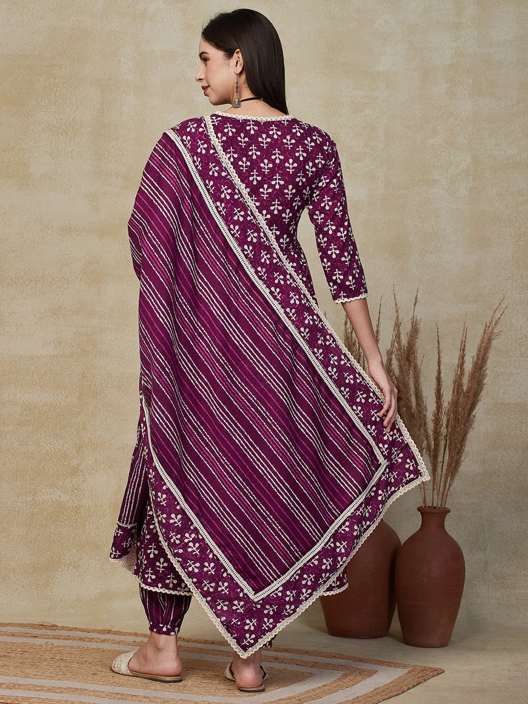 Abstract Batik Printed Sequins Embroidered Kurta with Salwar & Dupatta - Burgundy