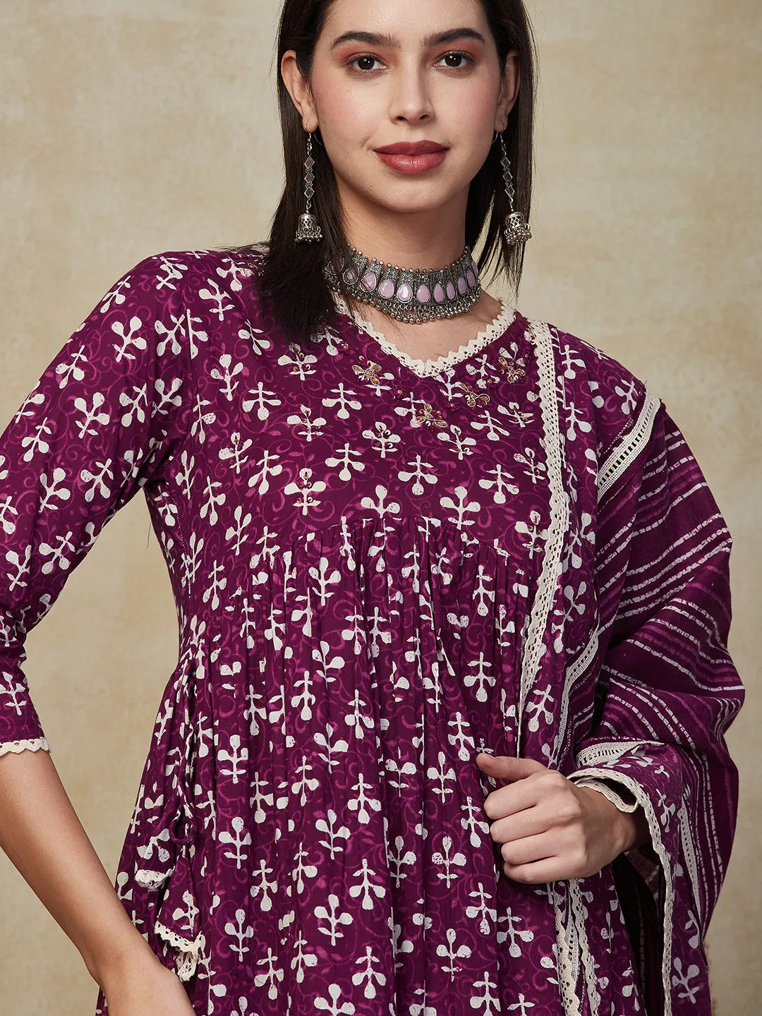 Abstract Batik Printed Sequins Embroidered Kurta with Salwar & Dupatta - Burgundy