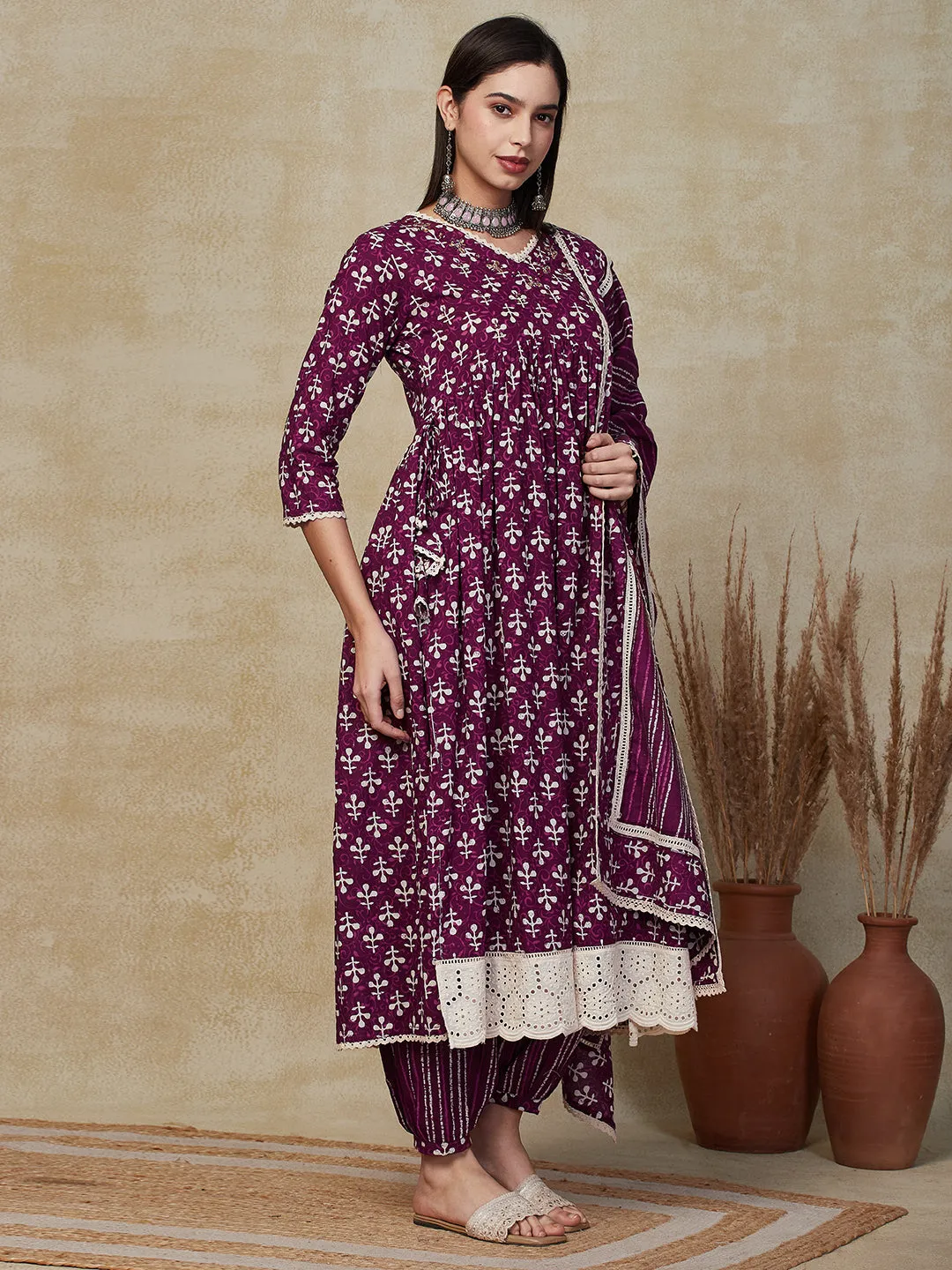 Abstract Batik Printed Sequins Embroidered Kurta with Salwar & Dupatta - Burgundy