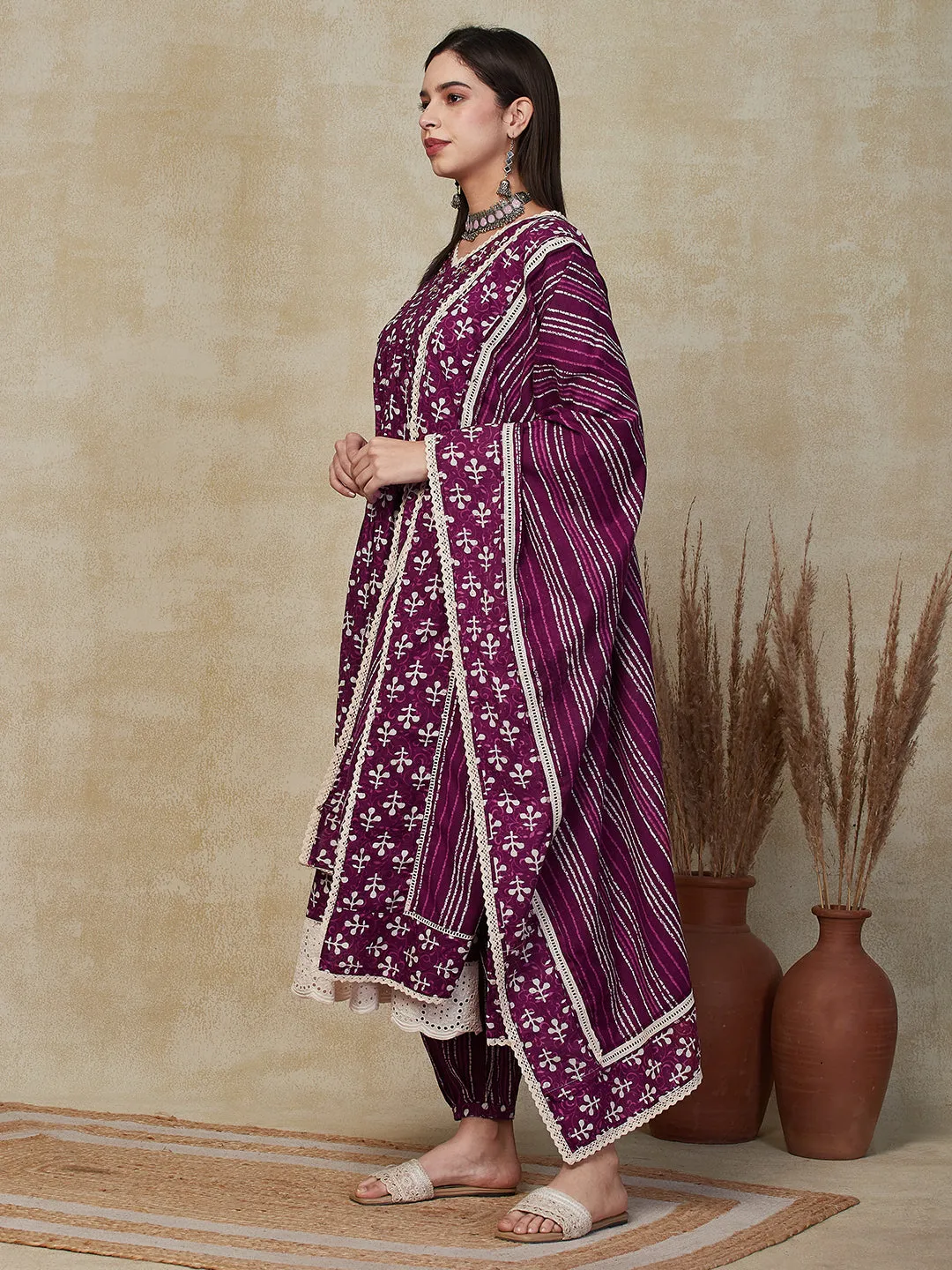 Abstract Batik Printed Sequins Embroidered Kurta with Salwar & Dupatta - Burgundy