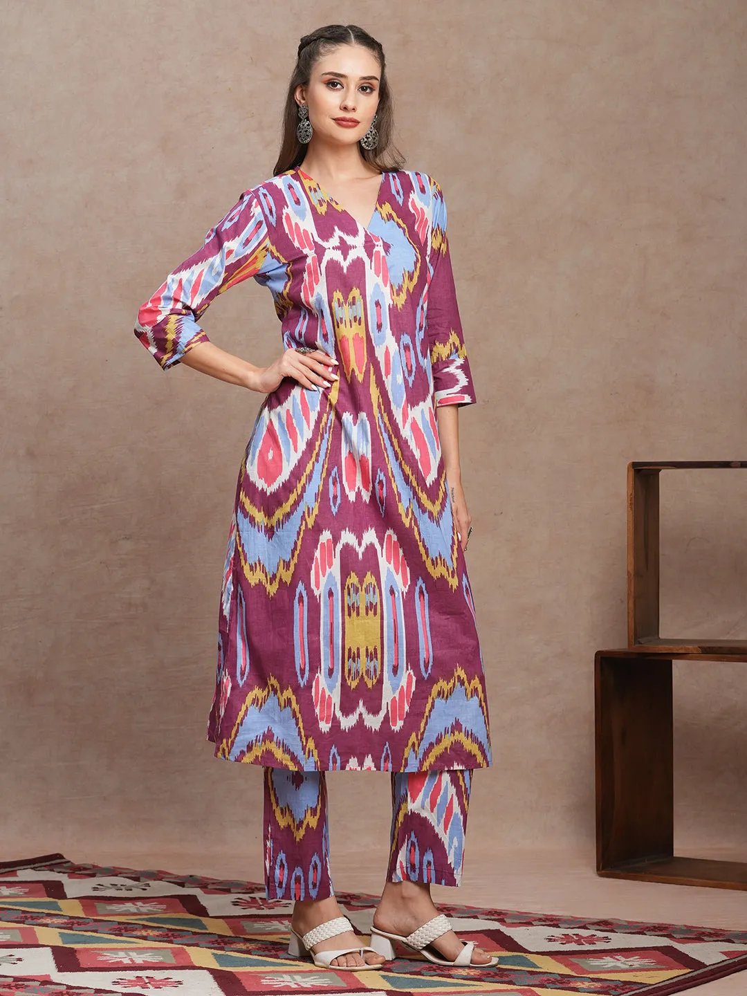 Abstract Ethnic Ikat Printed A-Line Co-ord Set - Purple