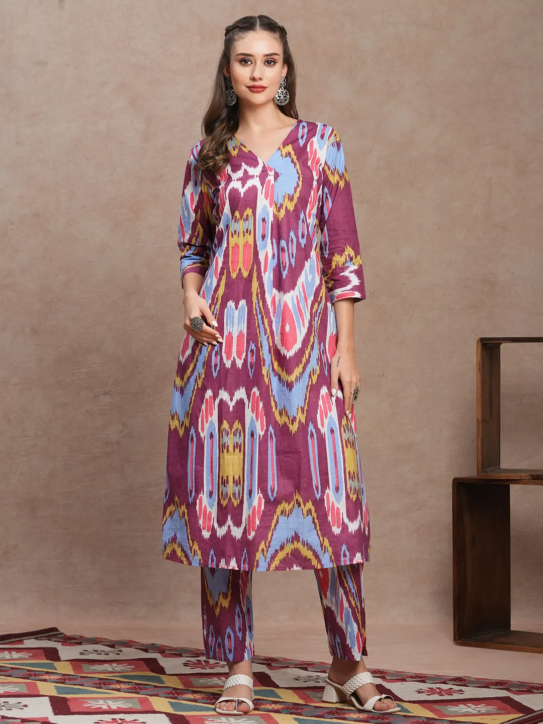 Abstract Ethnic Ikat Printed A-Line Co-ord Set - Purple