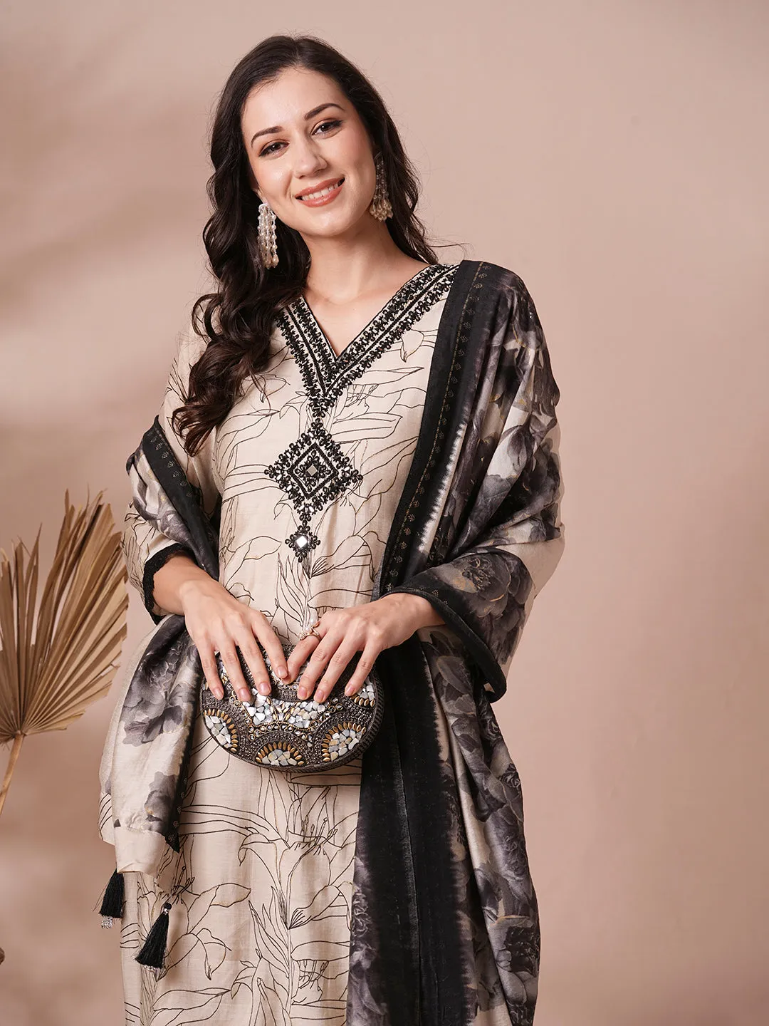 Abstract Floral Foil Printed & Embroidered Straight Fit Kurta with Pant and Dupatta - Cream