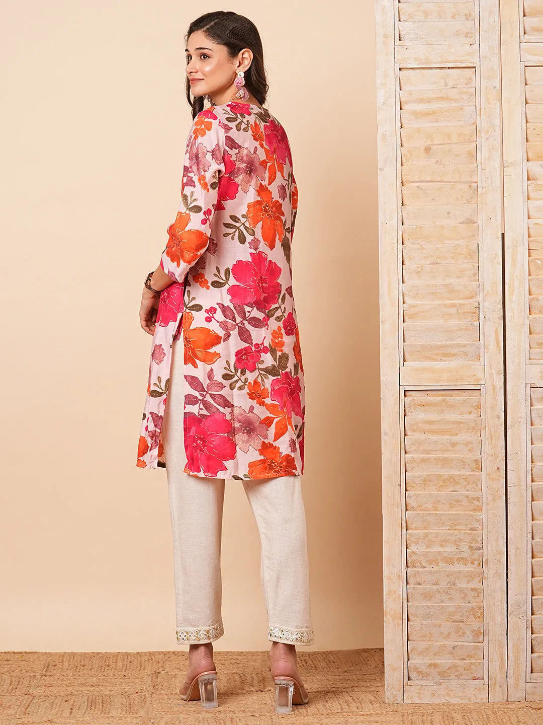 Abstract Floral Foil Printed & Mirror Embroidered Straight Fit Kurta - Pink