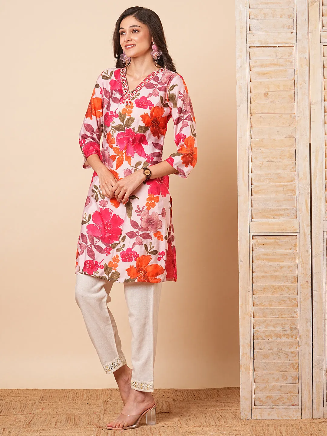 Abstract Floral Foil Printed & Mirror Embroidered Straight Fit Kurta - Pink