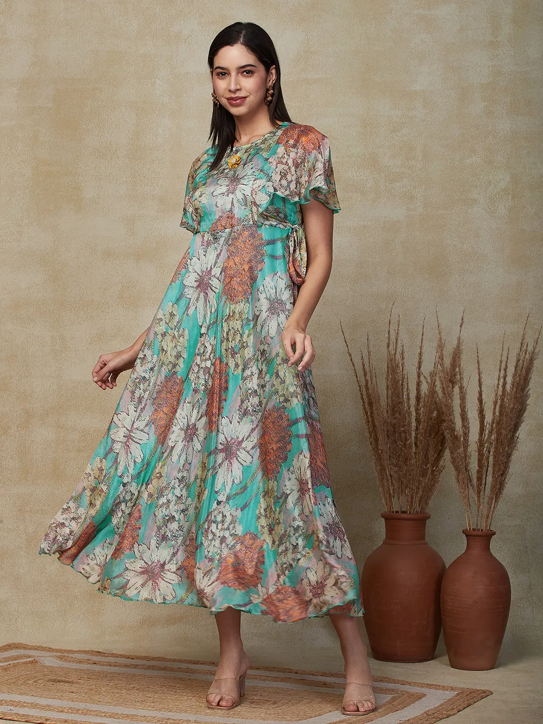 Abstract Floral Printed A-Line Fit & Flare Maxi Dress - Turquoise Blue