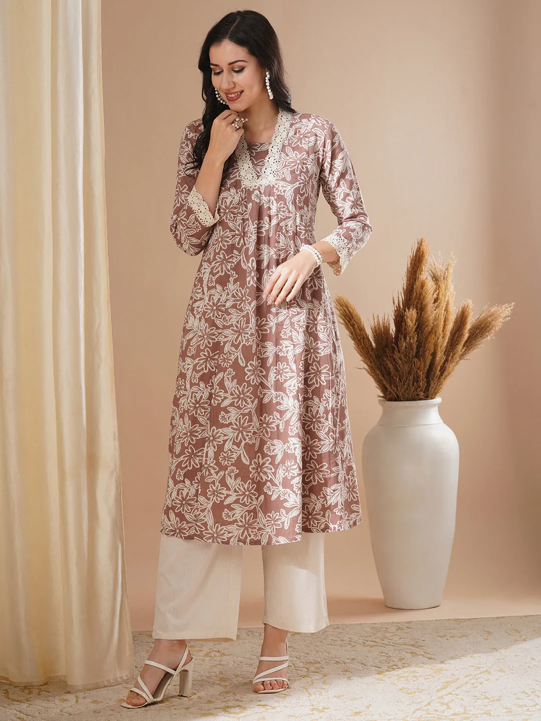 Abstract Floral Printed A-Line Paneled Cotton Flax & Kurta with Palazzo - Brown