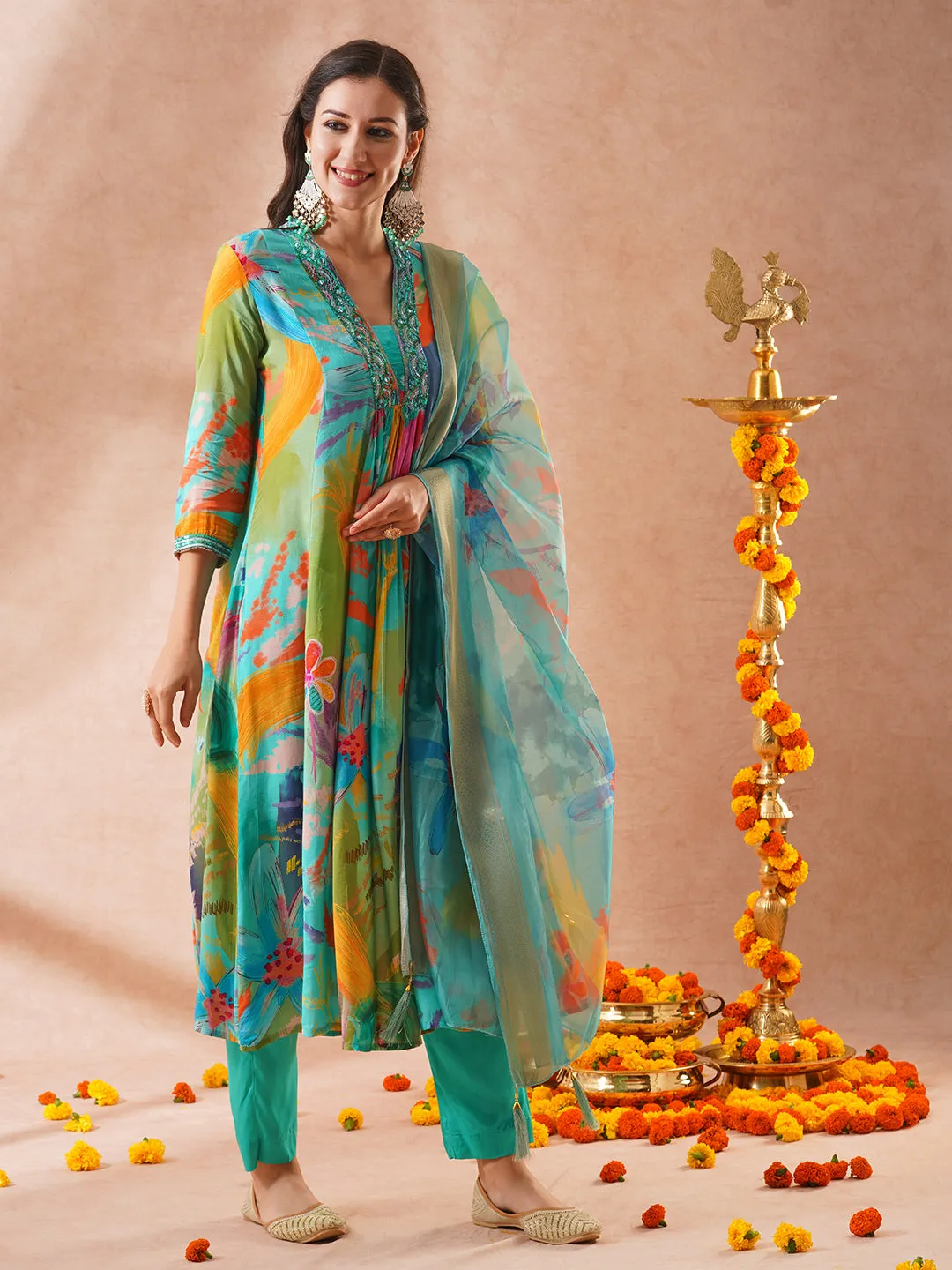 Abstract Floral Printed A-Line Paneled Kurta with Pant & Dupatta - Turquoise Blue