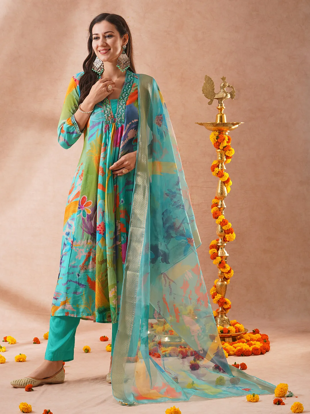 Abstract Floral Printed A-Line Paneled Kurta with Pant & Dupatta - Turquoise Blue