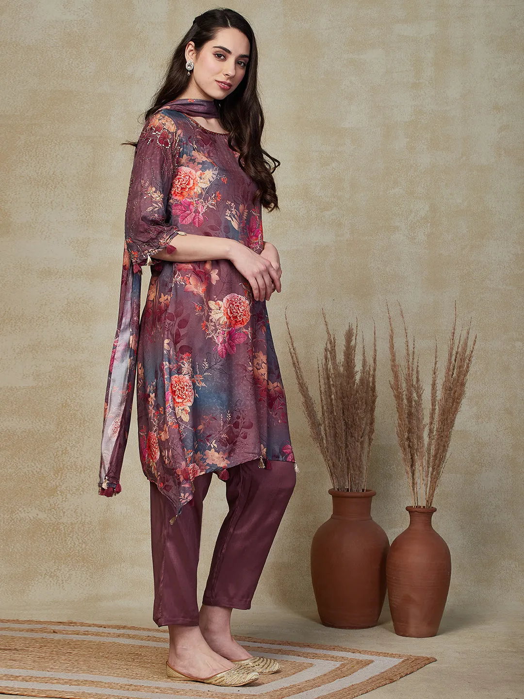 Abstract Floral Printed & Embroidered A-Line Kurta with Pant & Dupatta - Lavender