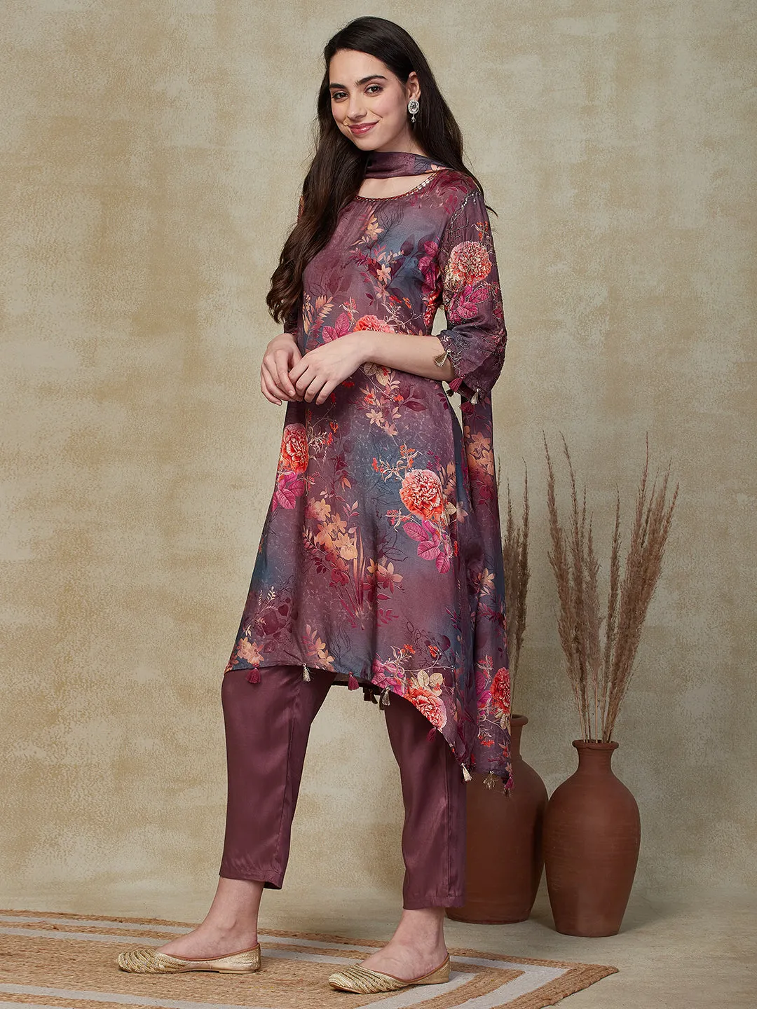 Abstract Floral Printed & Embroidered A-Line Kurta with Pant & Dupatta - Lavender