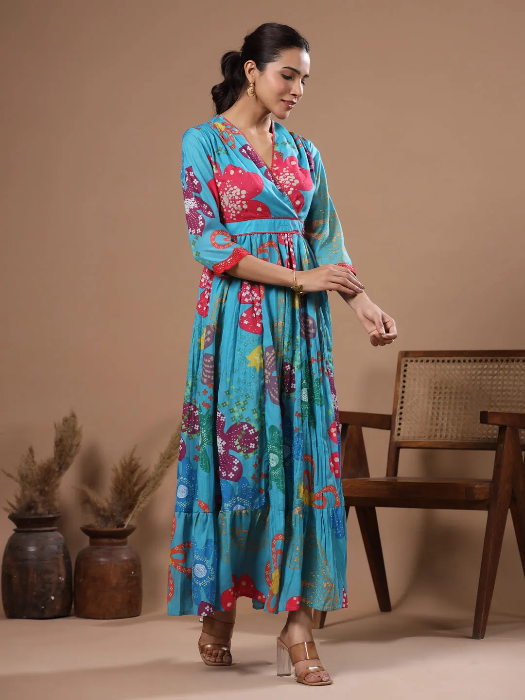 Abstract Floral Printed & Embroidered A-Line Pleated Maxi Dress - Turquoise Blue