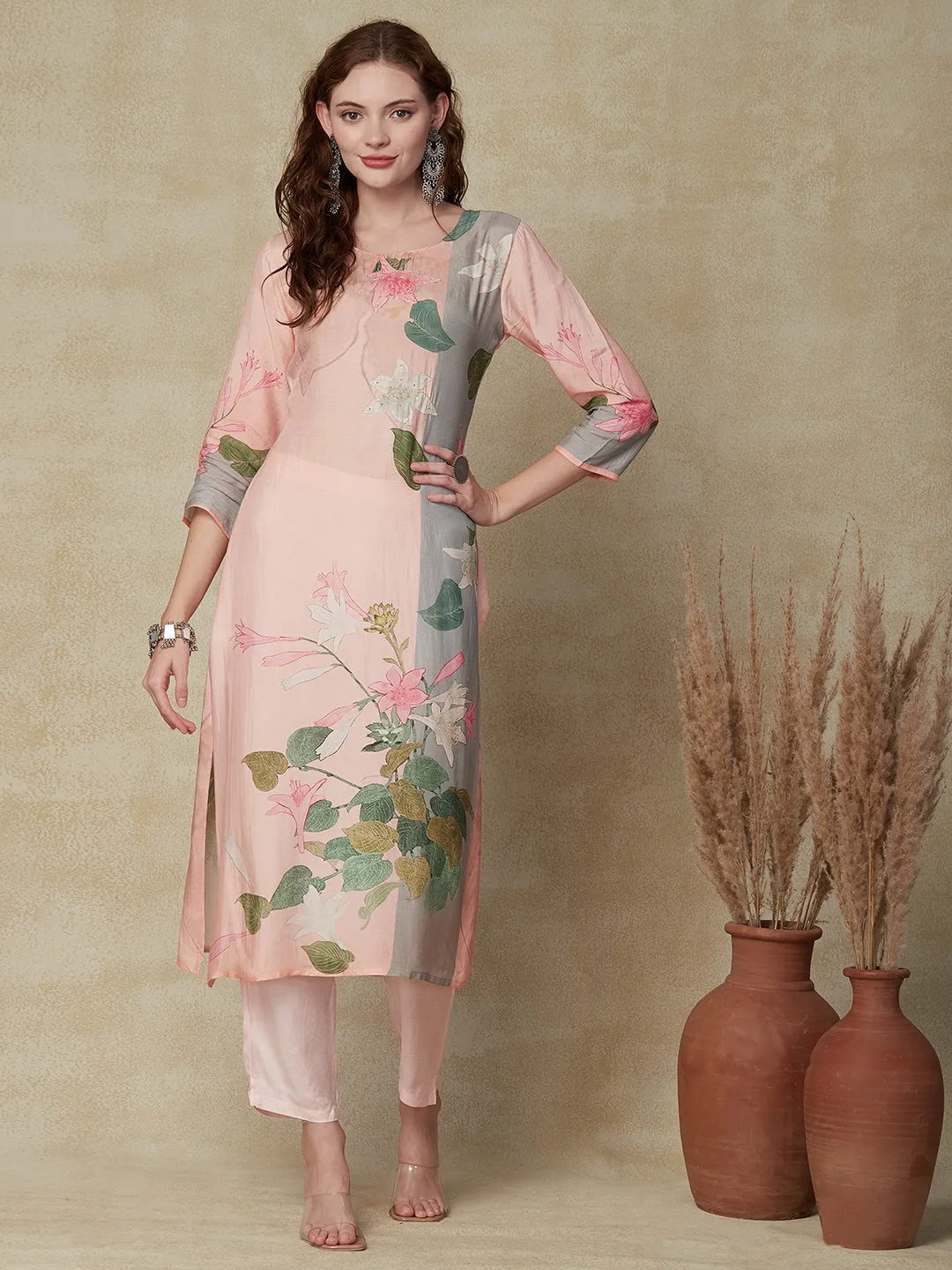 Abstract Floral Printed & Embroidered Kurta with Pant & Dupatta - Peach