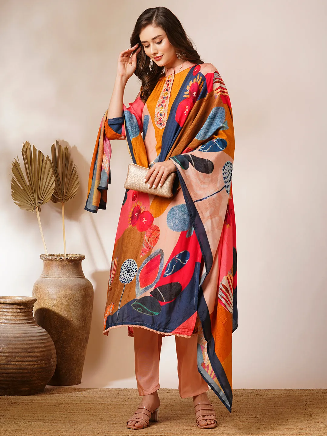 Abstract Floral Printed & Embroidered Straight Fit Kurta with Pant and Dupatta - Multi