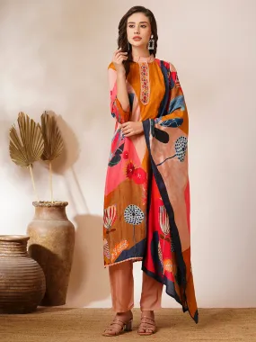 Abstract Floral Printed & Embroidered Straight Fit Kurta with Pant and Dupatta - Multi