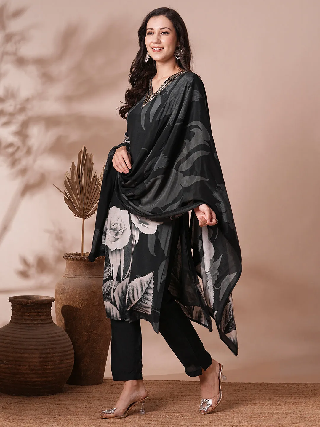 Abstract Floral Printed & Embroidered Straight Kurta with Pant & Dupatta - Black