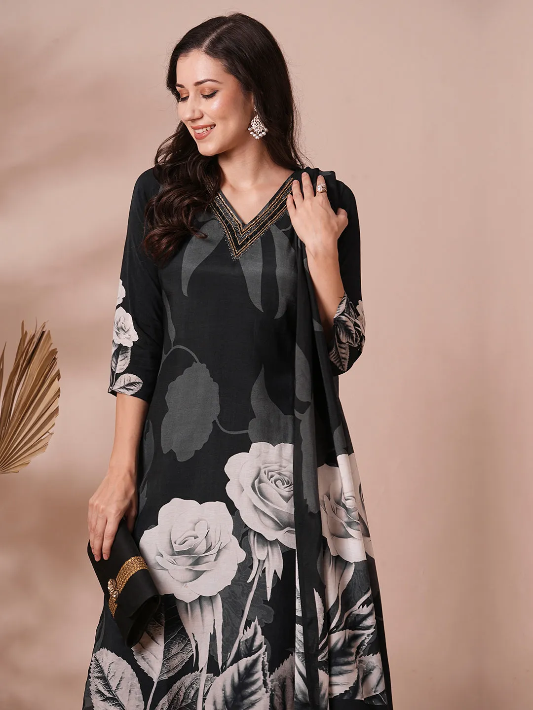 Abstract Floral Printed & Embroidered Straight Kurta with Pant & Dupatta - Black