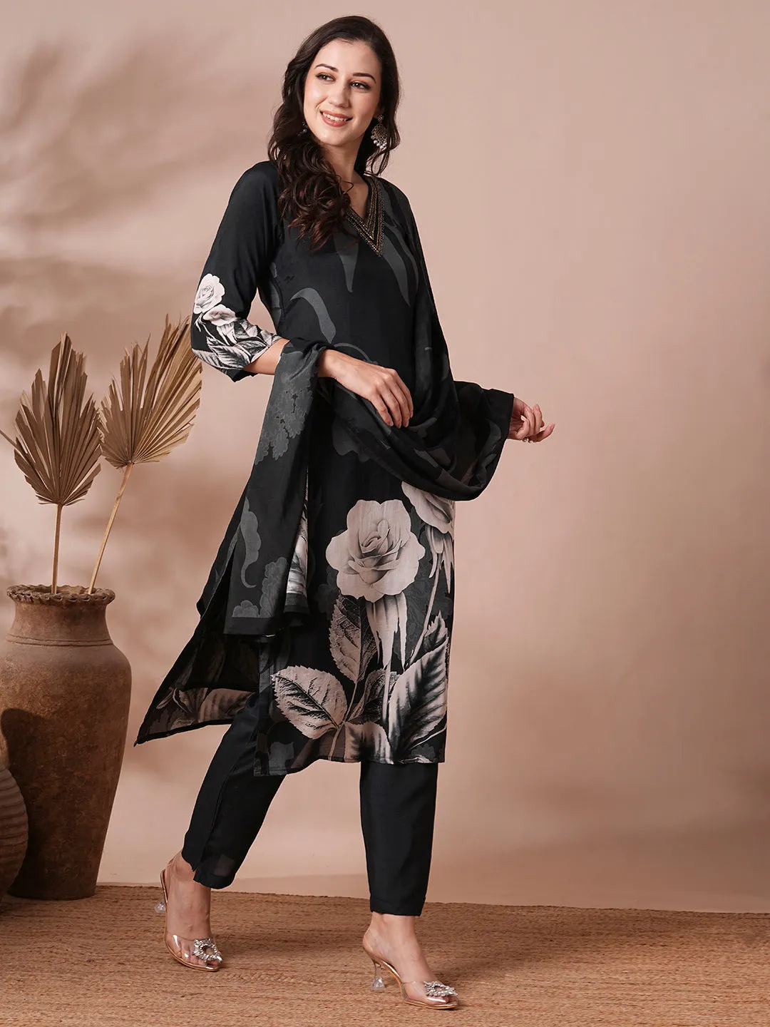 Abstract Floral Printed & Embroidered Straight Kurta with Pant & Dupatta - Black