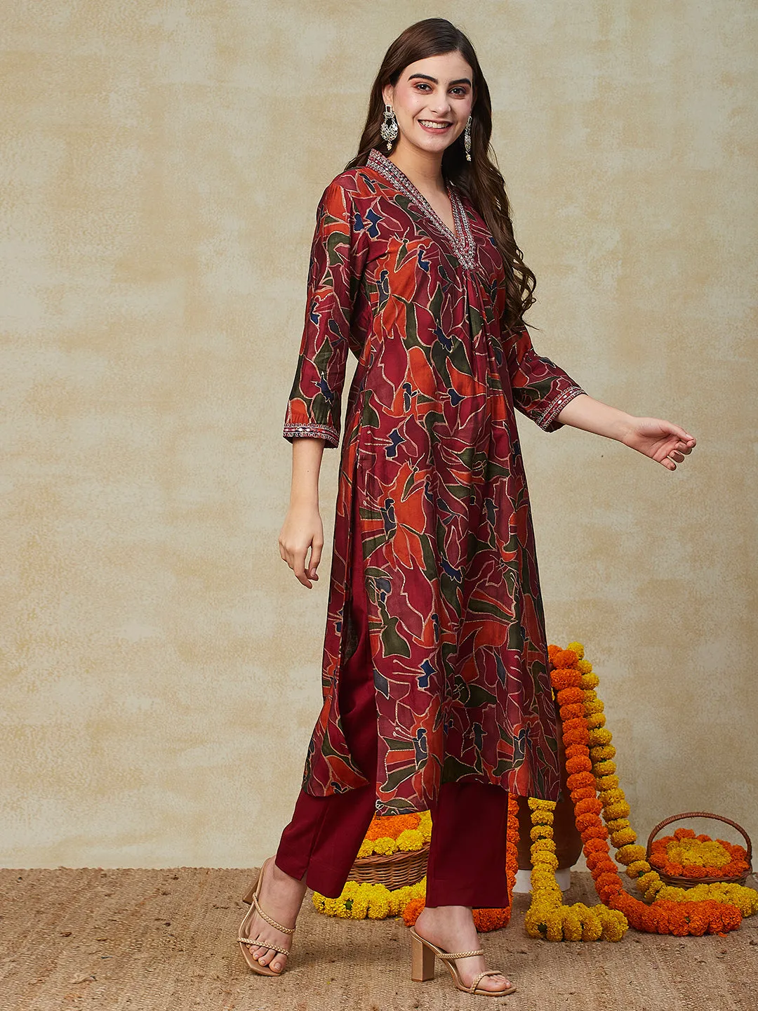 Abstract Floral Printed & Embroidered Straight Kurta with Pant - Maroon