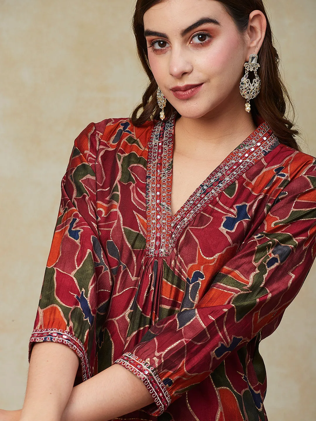 Abstract Floral Printed & Embroidered Straight Kurta with Pant - Maroon