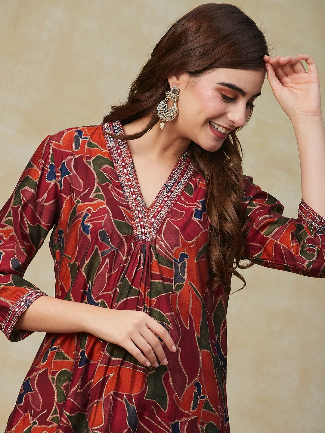 Abstract Floral Printed & Embroidered Straight Kurta with Pant - Maroon