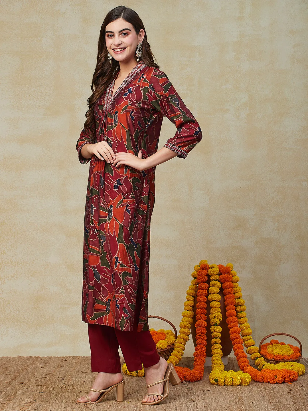 Abstract Floral Printed & Embroidered Straight Kurta with Pant - Maroon