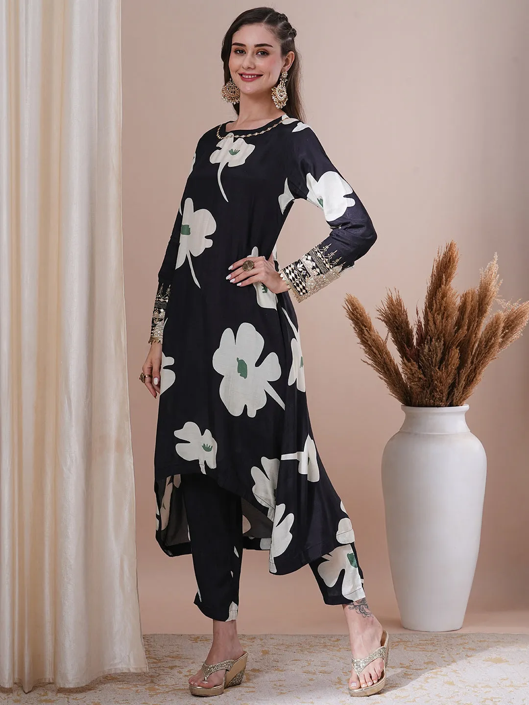 Abstract Floral Printed & Zari Embroidered A-Line Co-ord Set - Black