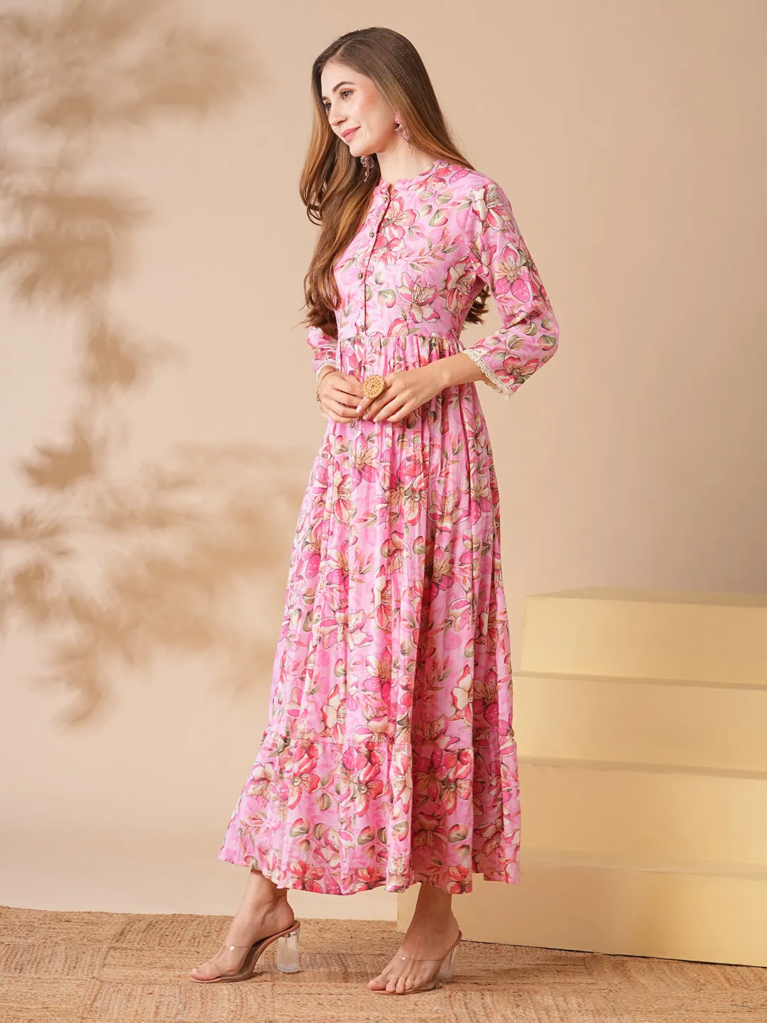 Abstract Floral Printed Sequin Embroidered A-Line Pleated Maxi Dress - Pink