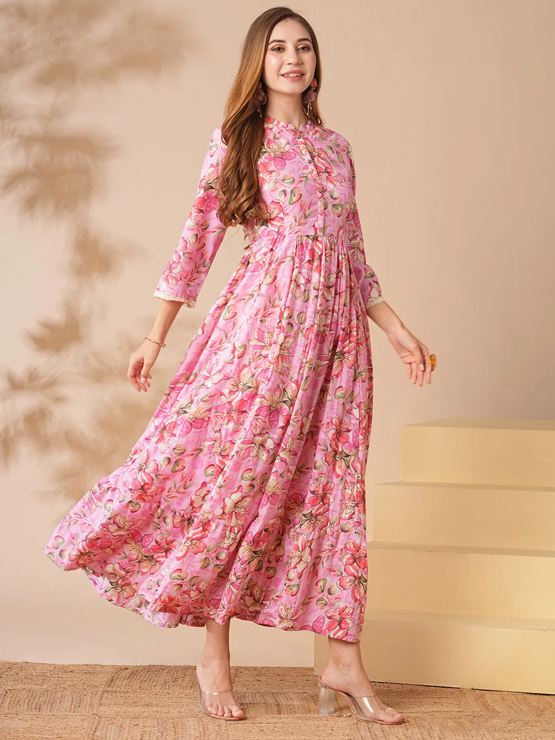 Abstract Floral Printed Sequin Embroidered A-Line Pleated Maxi Dress - Pink