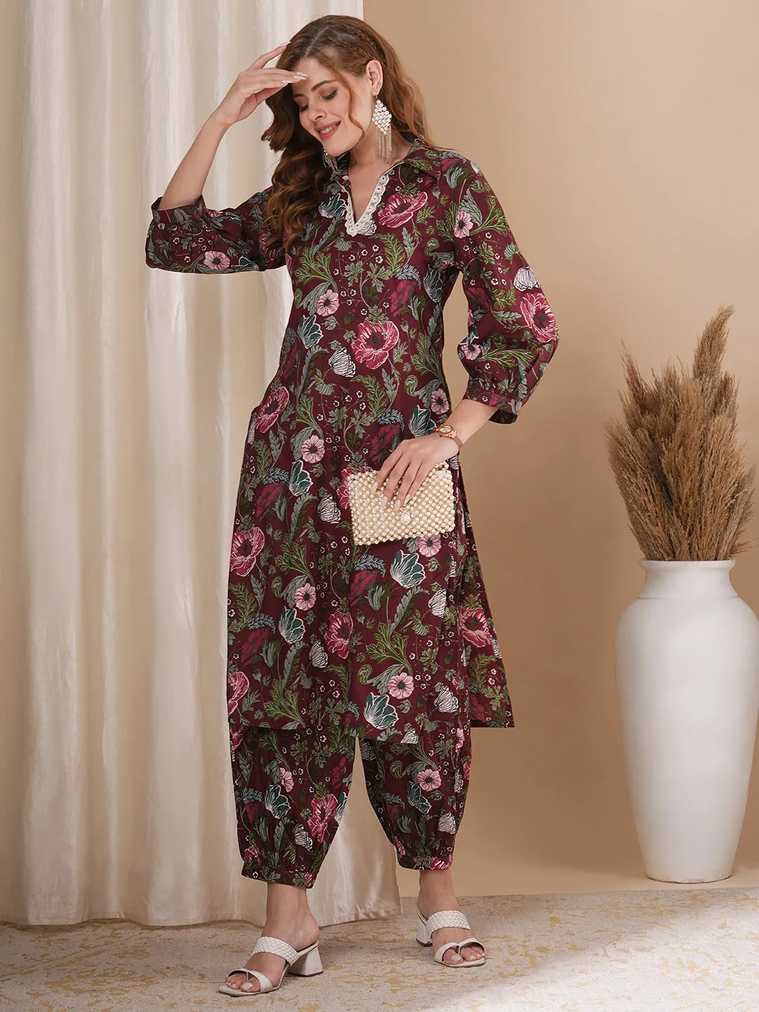 Abstract Floral Printed Straight Fit Co-ord Set - Maroon