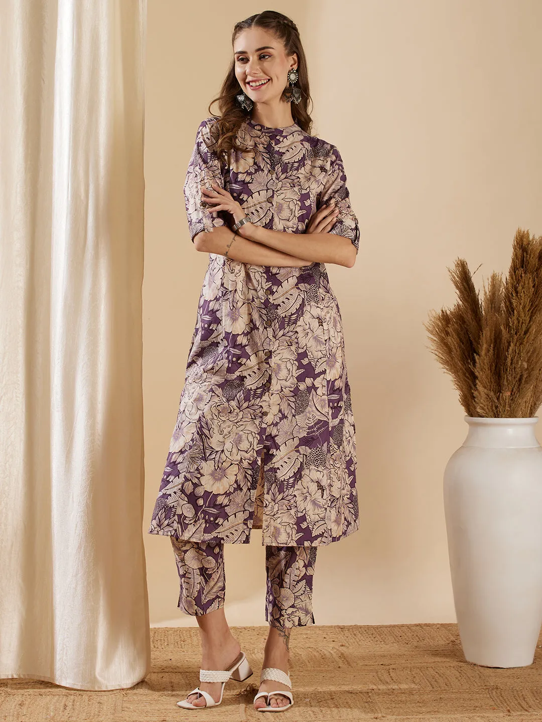 Abstract Floral Printed Straight Fit Kurta with Pant - Purple