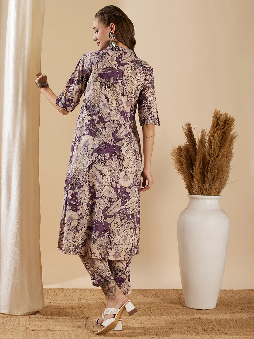 Abstract Floral Printed Straight Fit Kurta with Pant - Purple