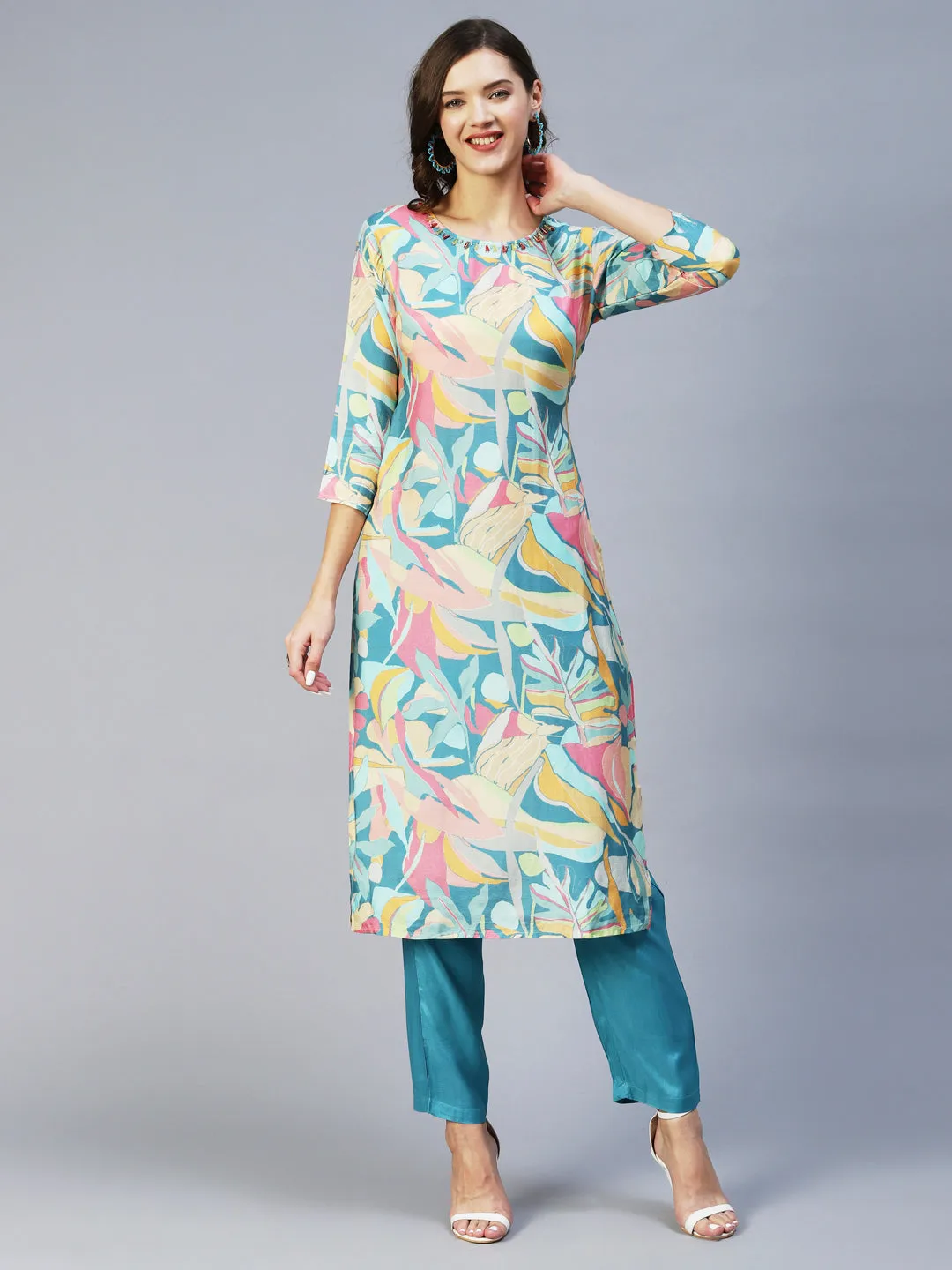 Abstract Printed Beads & Stones Embroidered Kurta With Pants - Multi