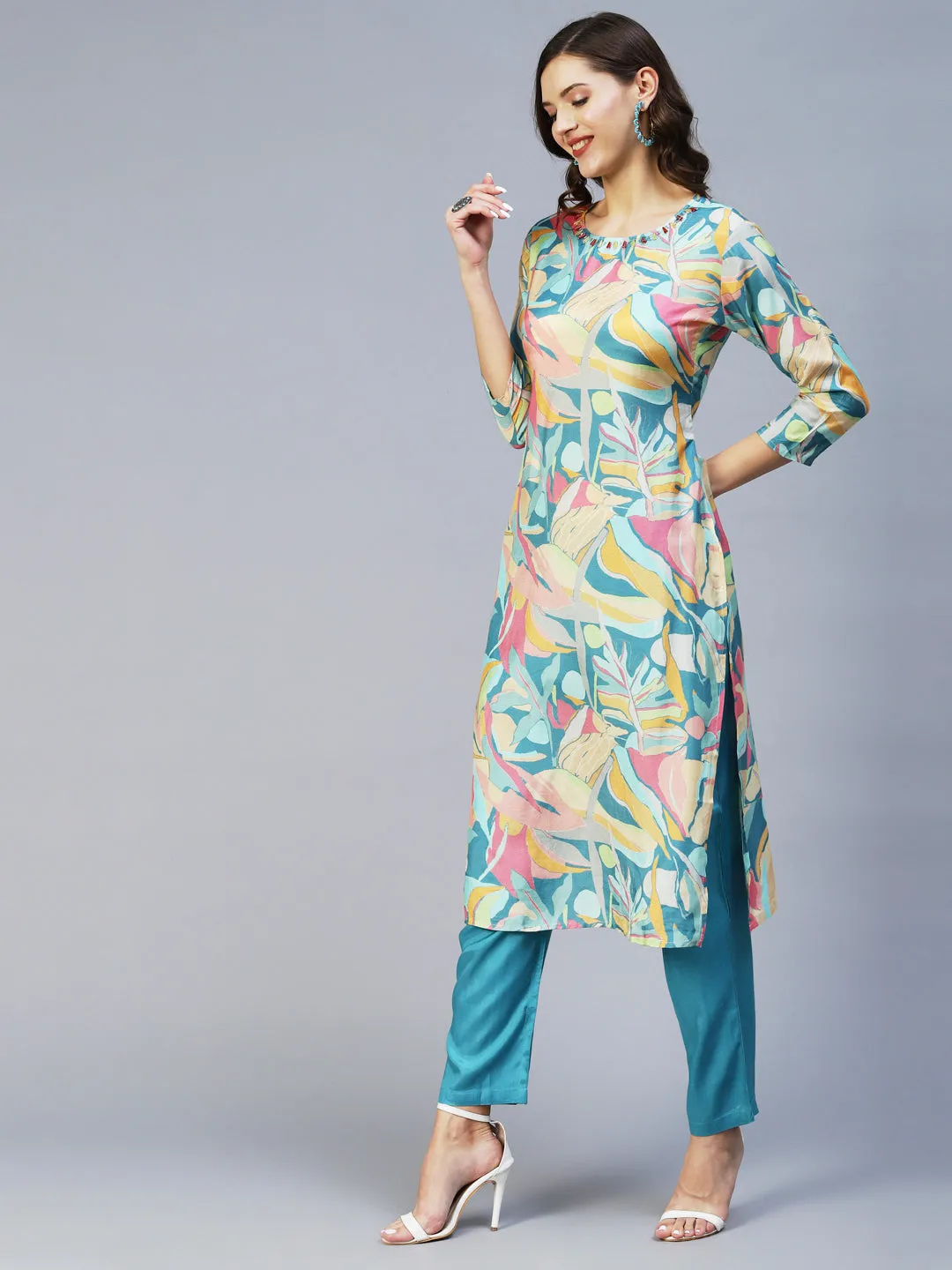 Abstract Printed Beads & Stones Embroidered Kurta With Pants - Multi