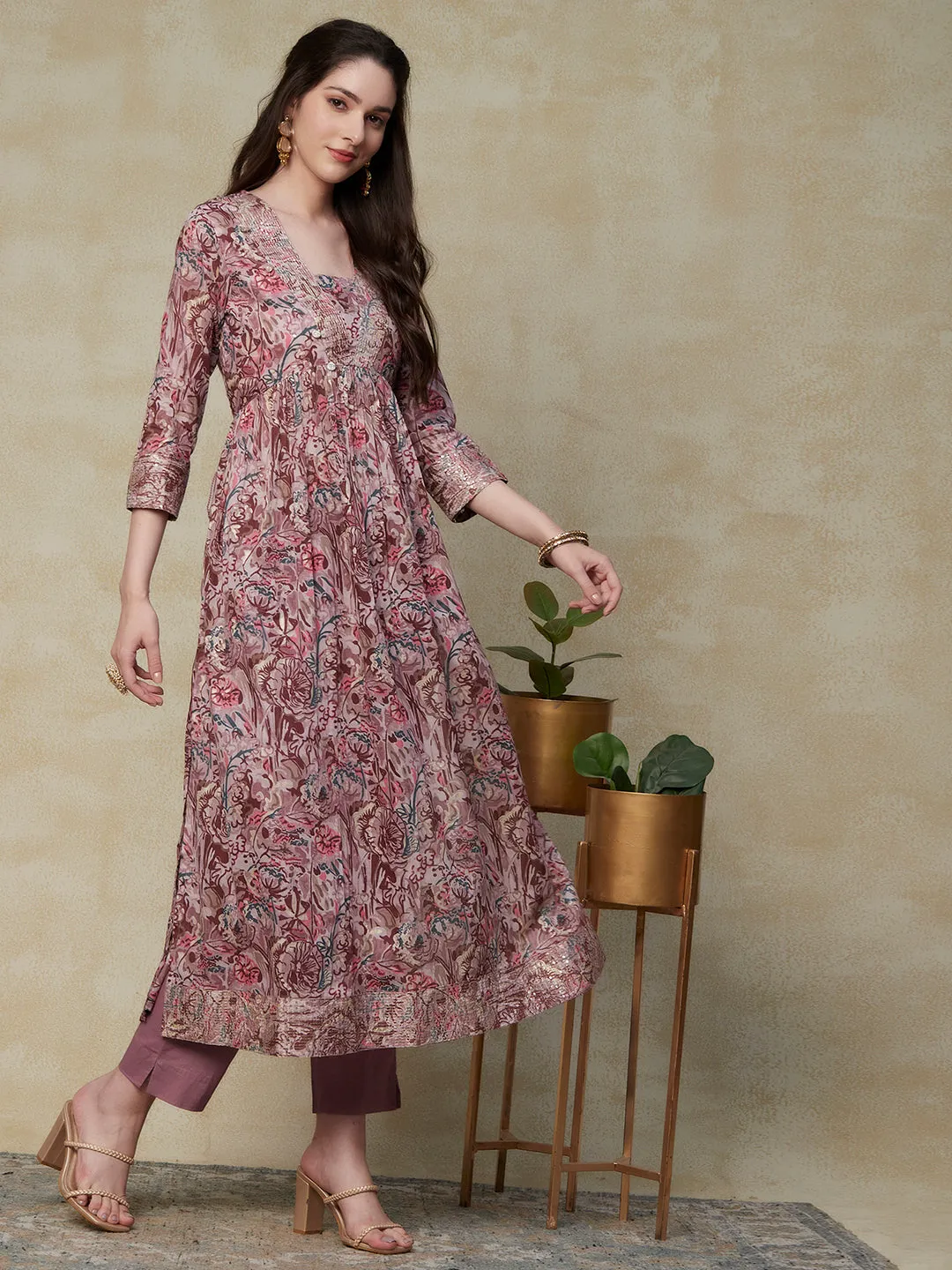 Abstract Printed Sequins & Zari Embroidered Empire Kurta with Pants - Light Mauve