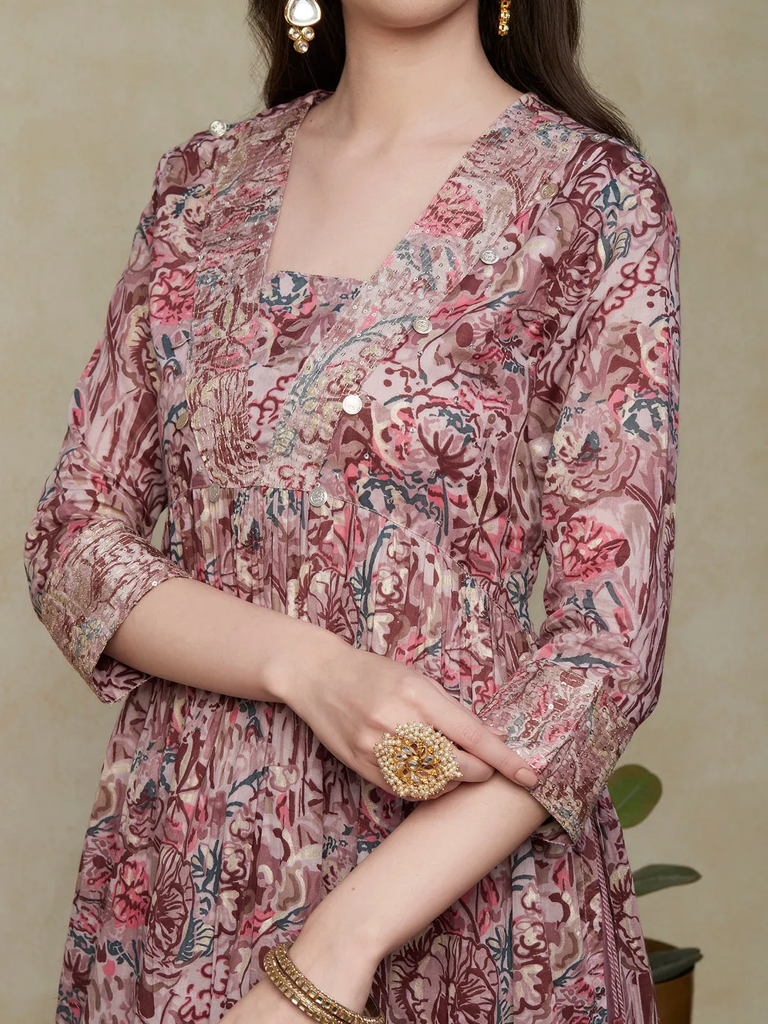 Abstract Printed Sequins & Zari Embroidered Empire Kurta with Pants - Light Mauve