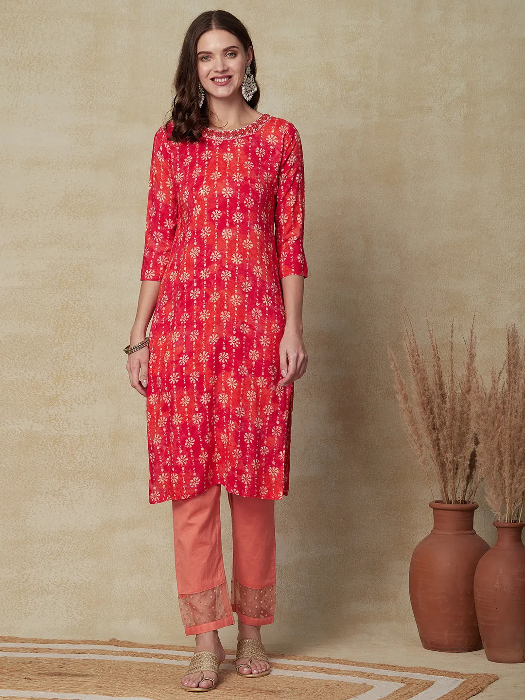 Abstract Tie-Dye Printed Mirror & Stones Embroidered kurta - Pink