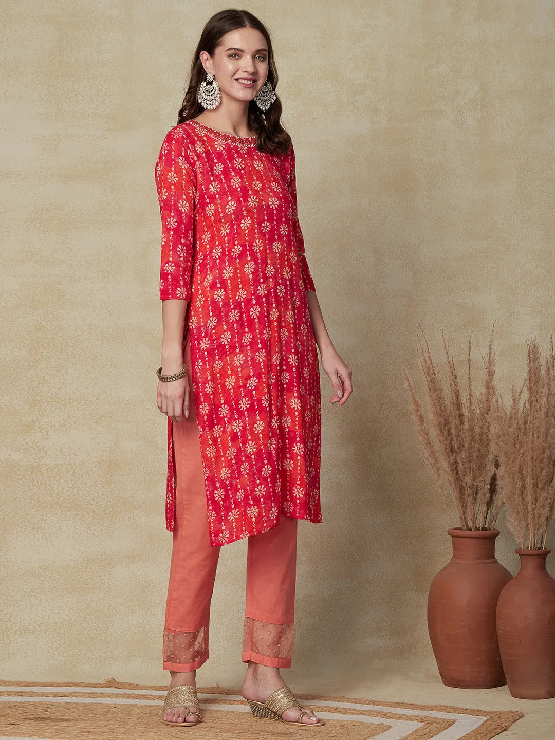 Abstract Tie-Dye Printed Mirror & Stones Embroidered kurta - Pink