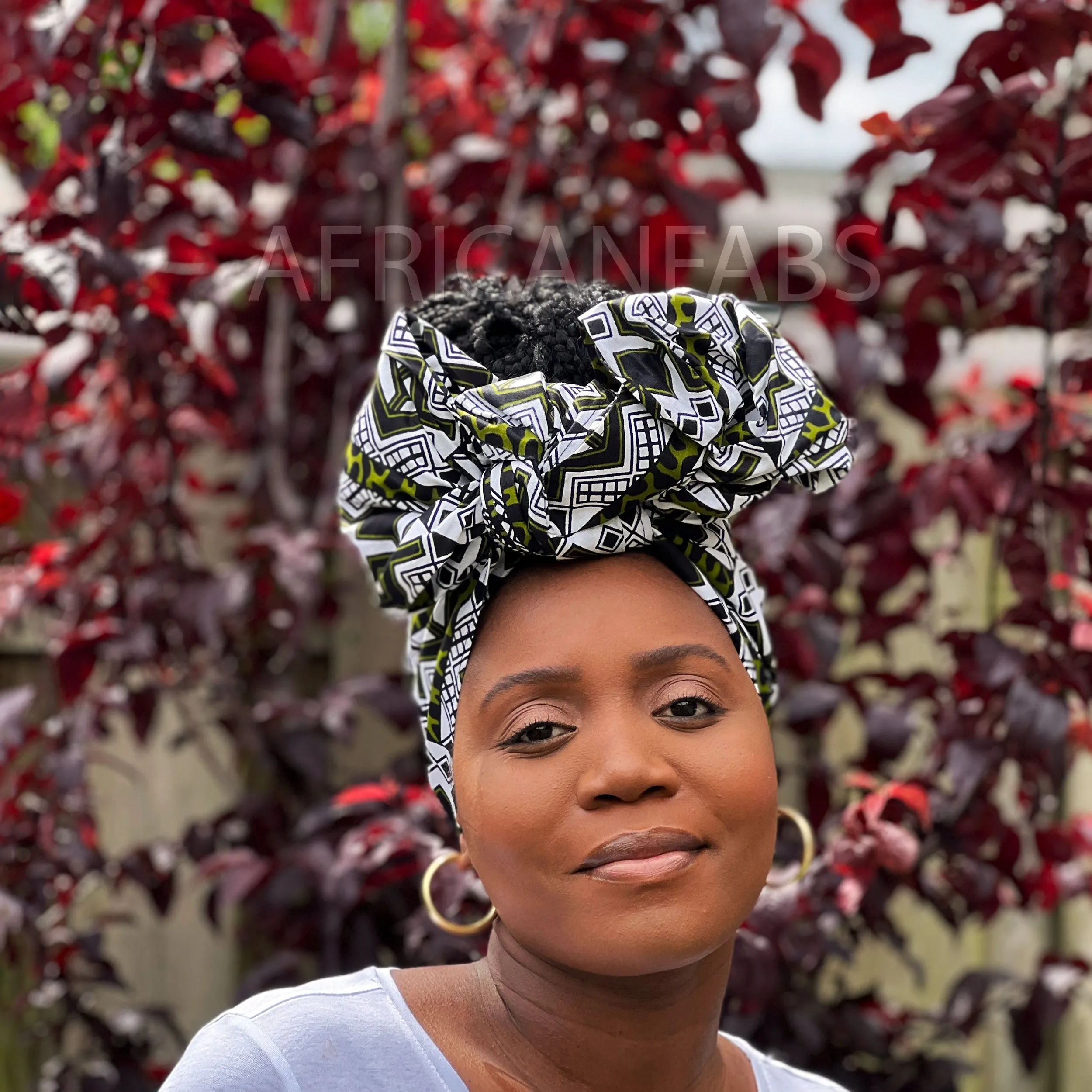 African Green / white bogolan / mud cloth headwrap