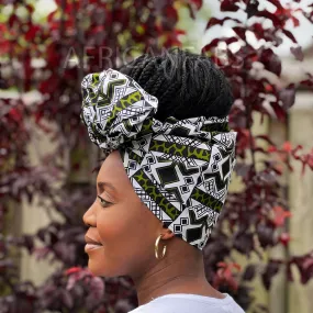 African Green / white bogolan / mud cloth headwrap