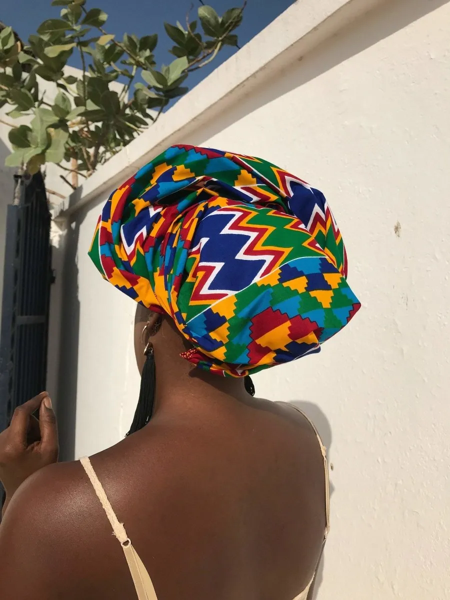 African Head Wrap in Blue Kente