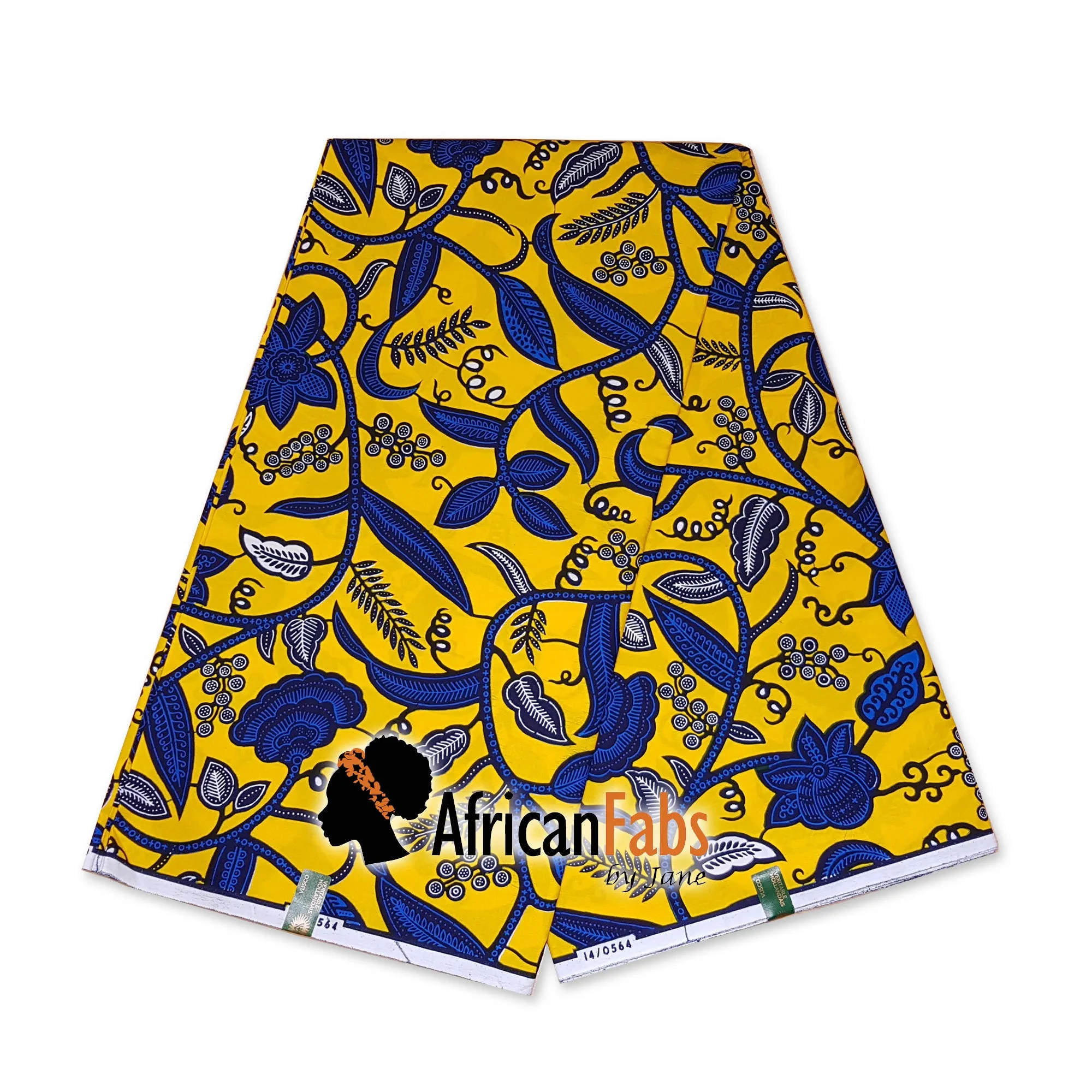 African headwrap - Yellow / Blue leaftrail (Vlisco)