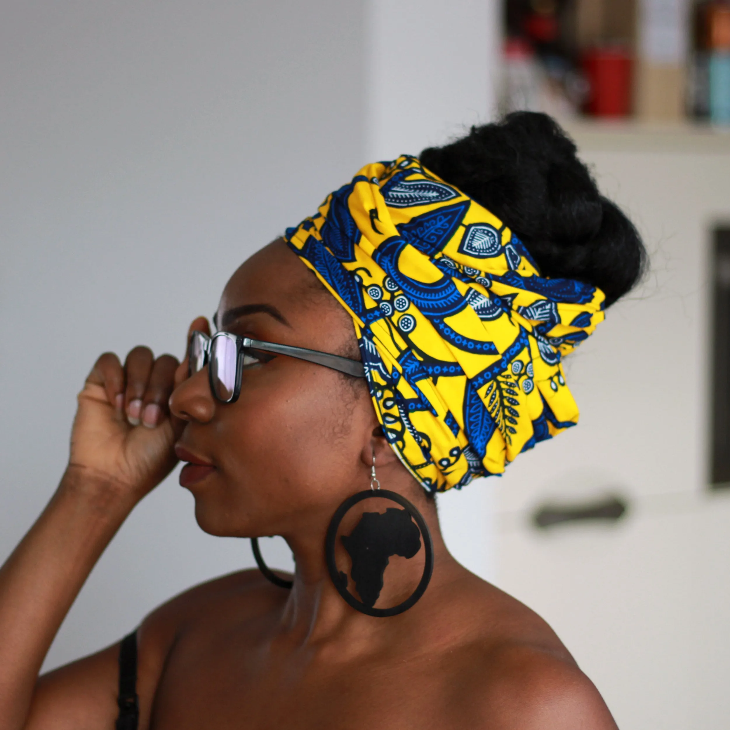 African headwrap - Yellow / Blue leaftrail (Vlisco)