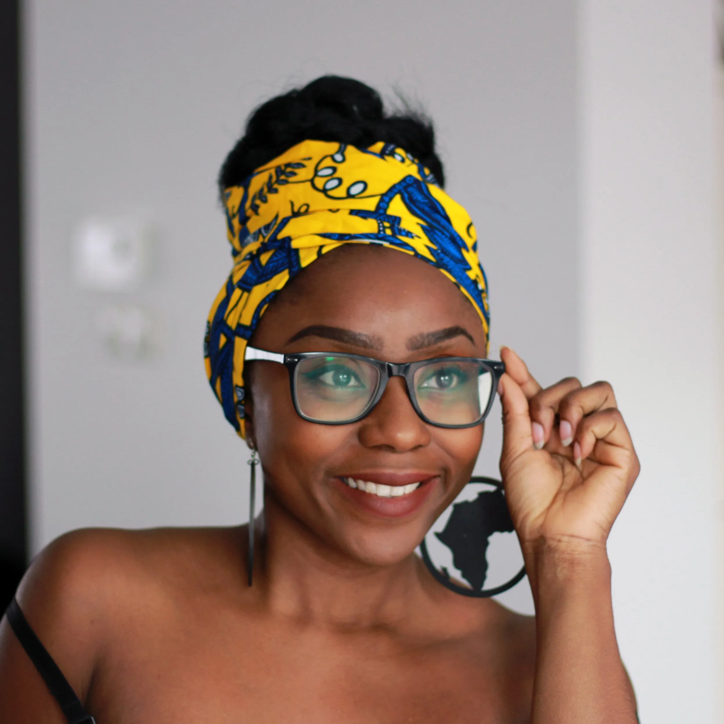 African headwrap - Yellow / Blue leaftrail (Vlisco)