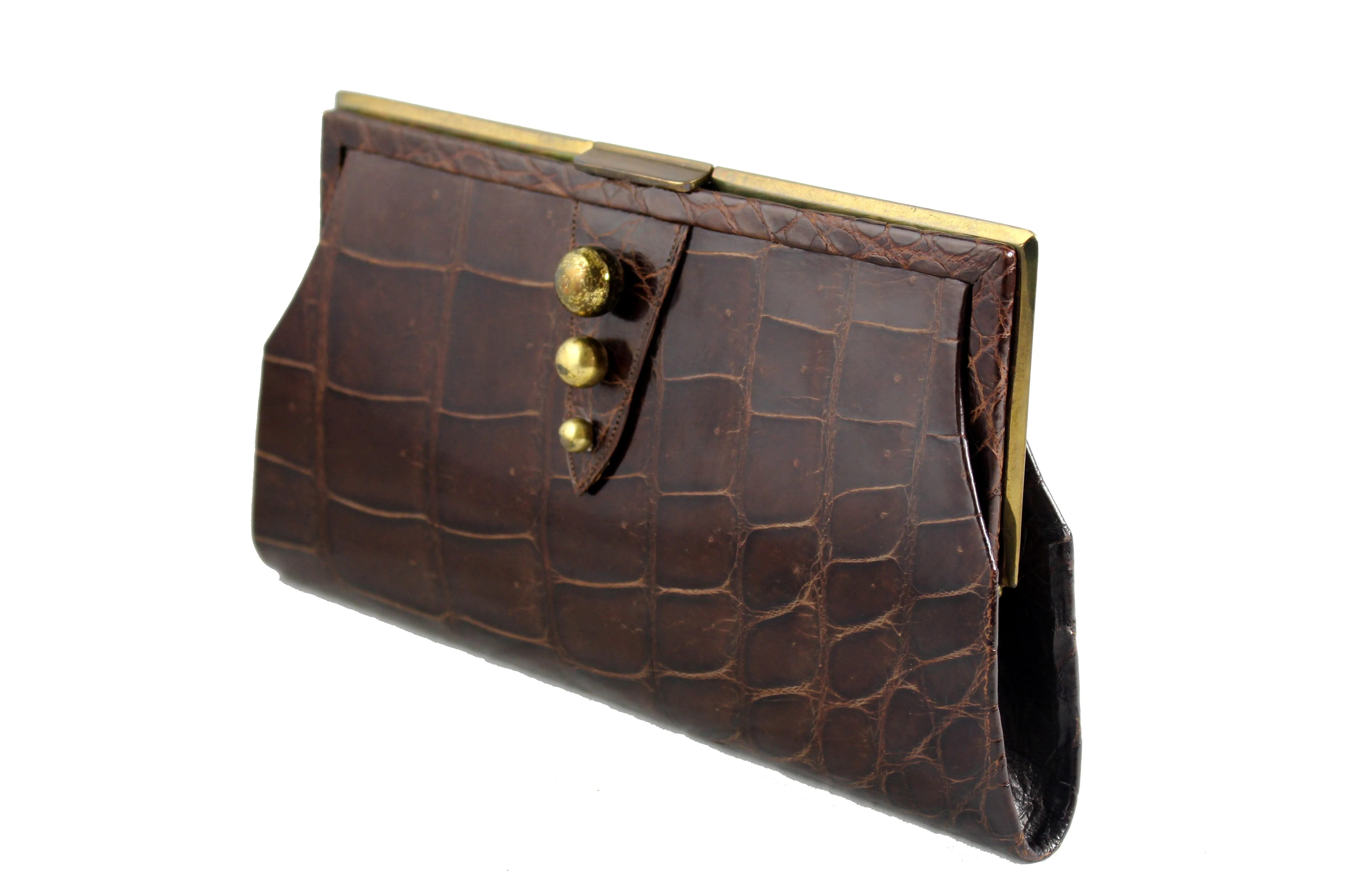 Art deco chocolate brown crocodile skin clutch