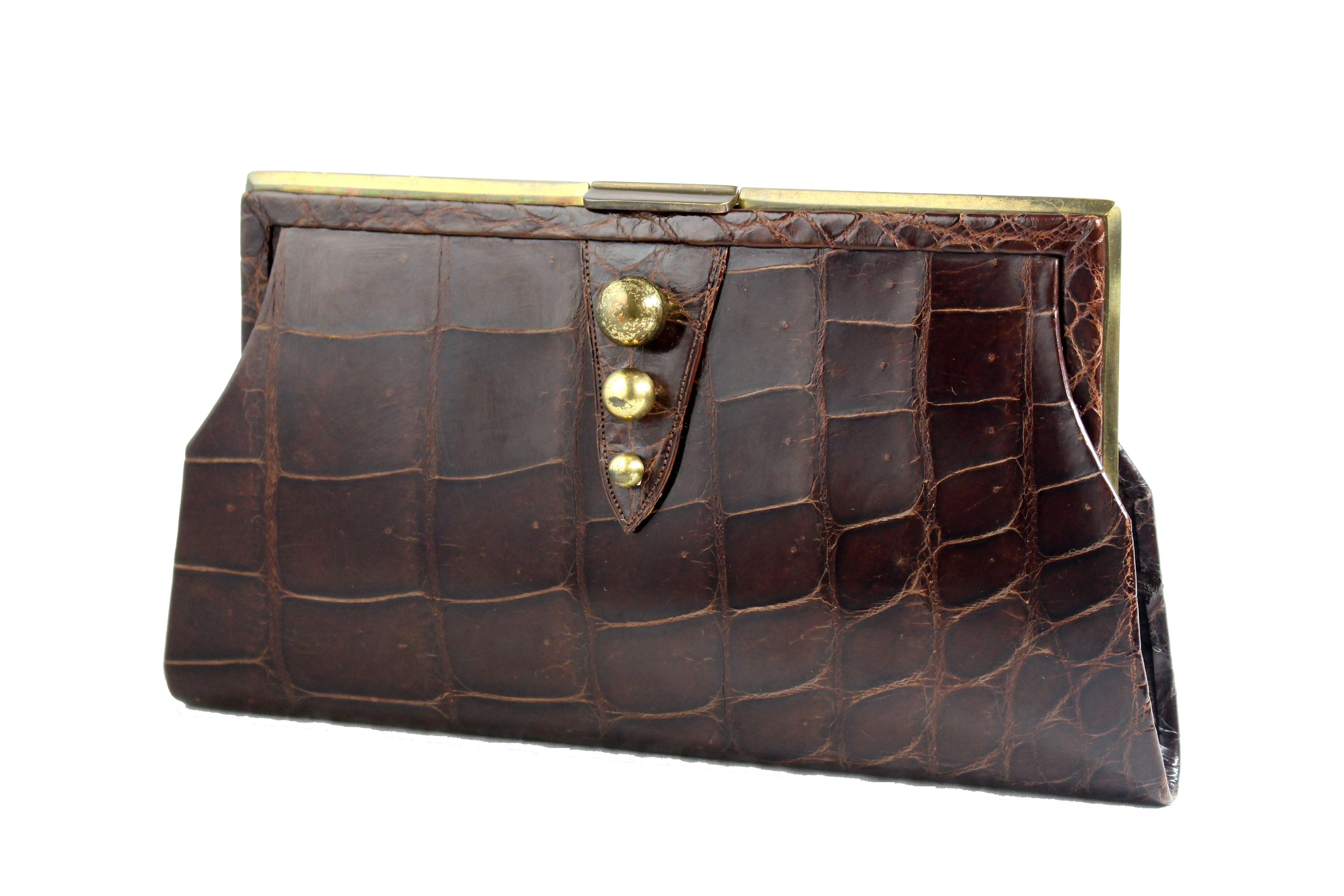 Art deco chocolate brown crocodile skin clutch