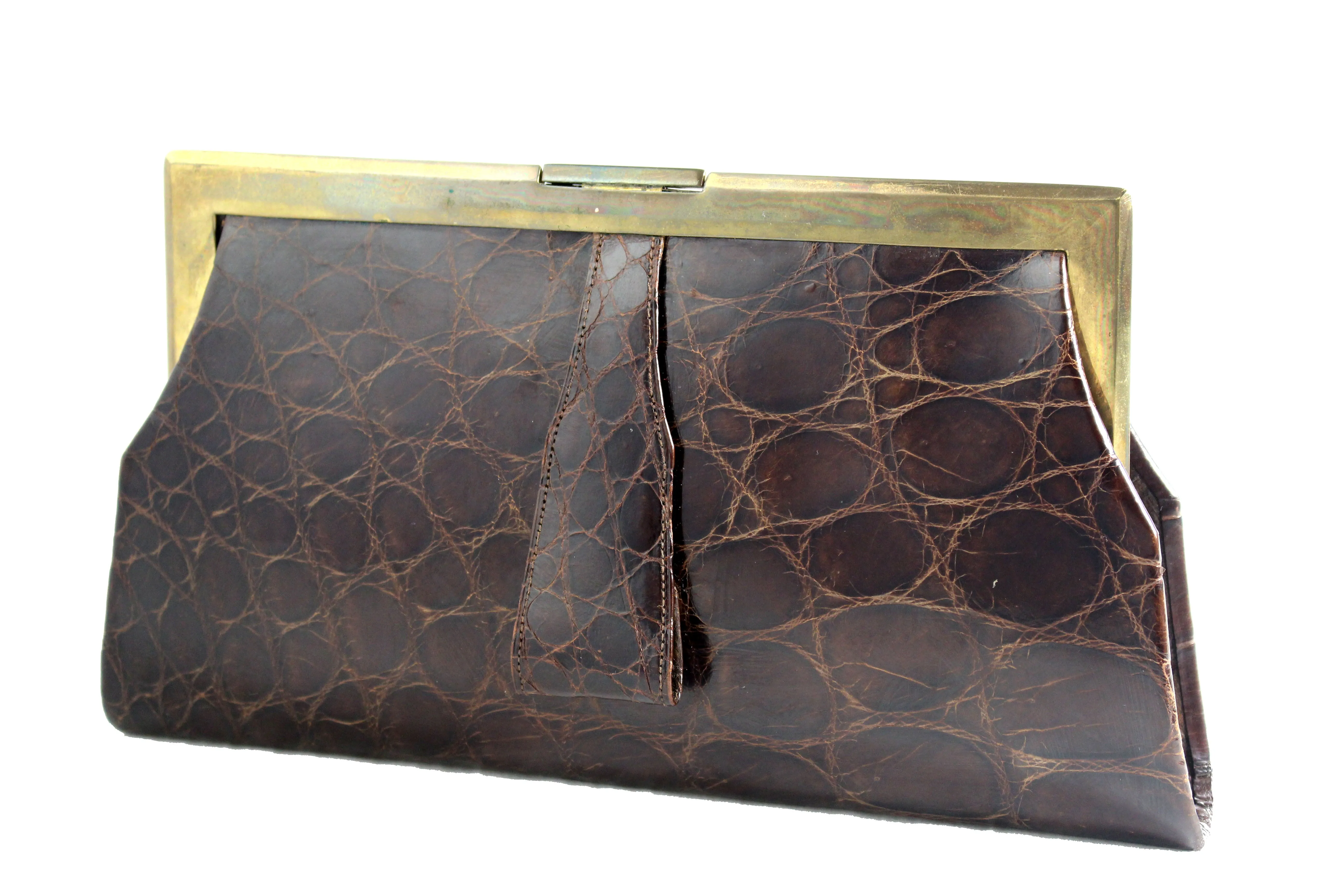 Art deco chocolate brown crocodile skin clutch