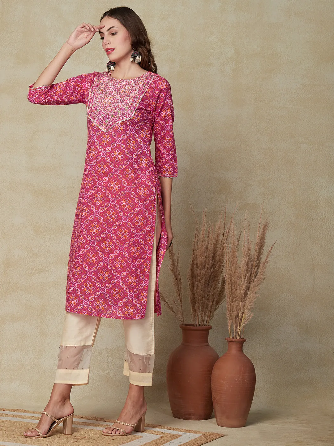 Bandhani Printed Zari, Resham & Mirror Embroidered Kurta - Pink